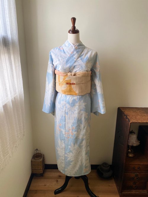 水色紫藤花棉絽古著小紋和服日本製- 設計館【藏私‧Collection】 洋裝 