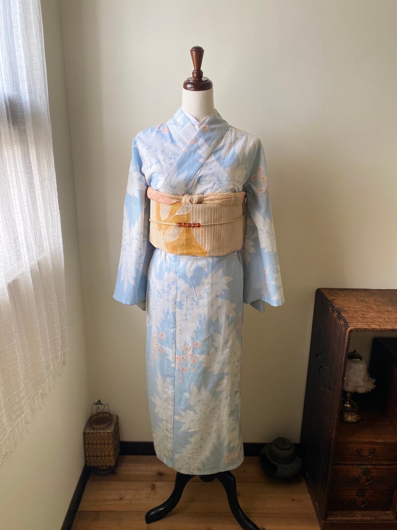 水色紫藤花棉絽古著小紋和服日本製 - 洋裝/連身裙 - 棉．麻 藍色