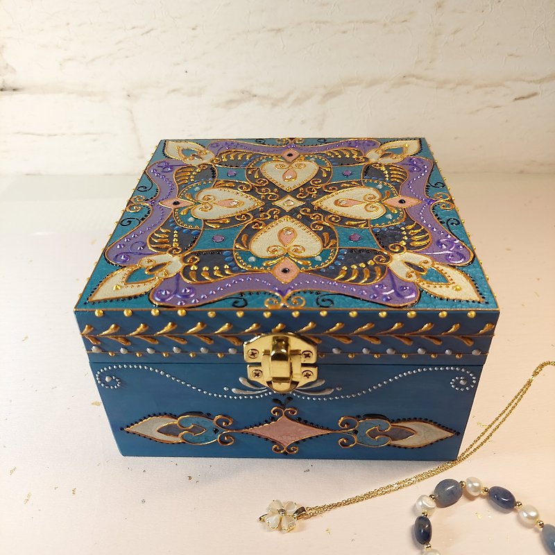 彫刻と手描きの正方形の宝石箱/ヘナ/マンダラ/エスニック スタイル - 置物 - 木製 ブルー