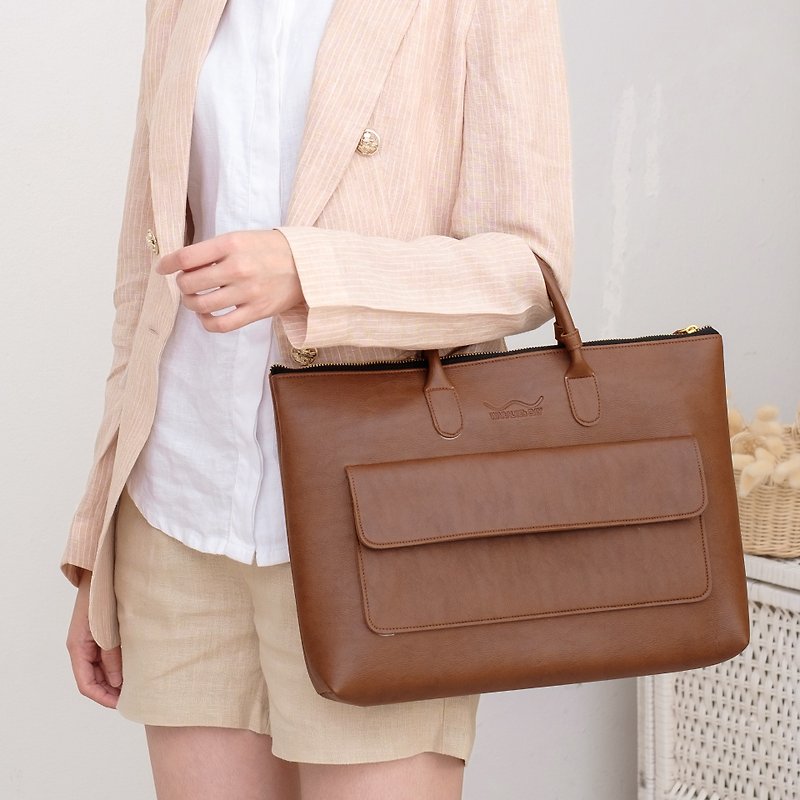 WARALEE's DAY | Slim Hand Bag with Zipper and Front Pocket (Brown) - Laptop Bags - Faux Leather Brown