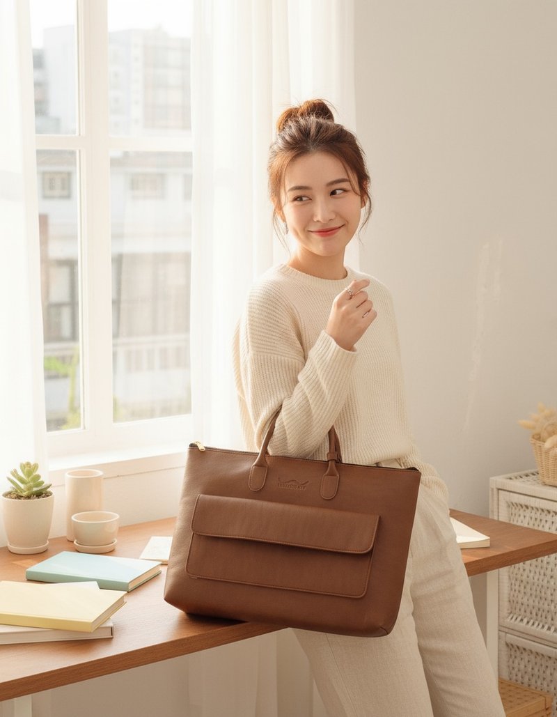 WARALEE's DAY | 短手柄扁方形拉鍊手提包 - 棕色 - 電腦包/筆電包 - 人造皮革 咖啡色