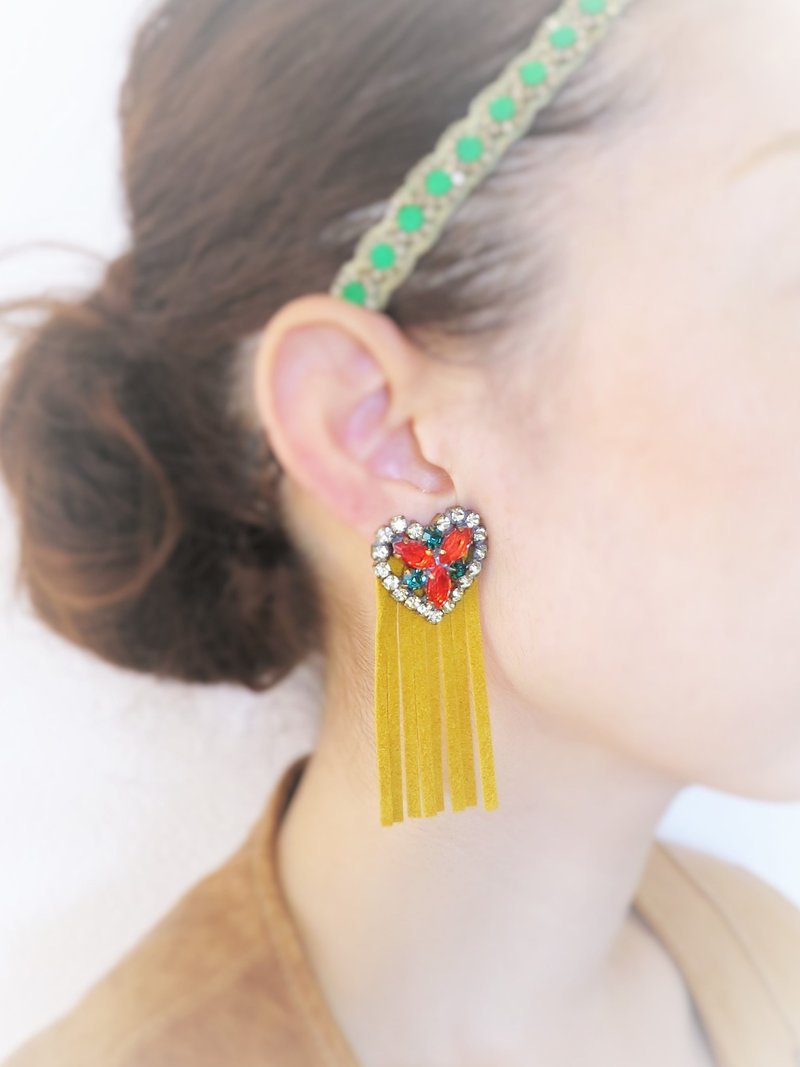 ヴィンテージイヤリング ハートフリンジ イエロー vintage earrings heart <ER-HYL> - 耳環/耳夾/耳骨夾 - 玻璃 黃色