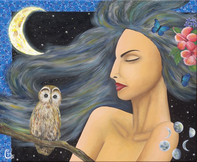 Original Moon Woman Painting－Feel The Vibrations Of Mother Nature - ภาพวาดบุคคล - ผ้าฝ้าย/ผ้าลินิน หลากหลายสี