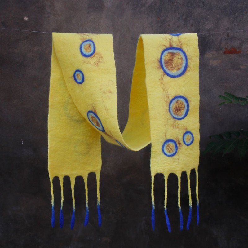 Wool felt scarf, original hand made boutique, simple blue ring octopus shawl, ca - Knit Scarves & Wraps - Wool Yellow