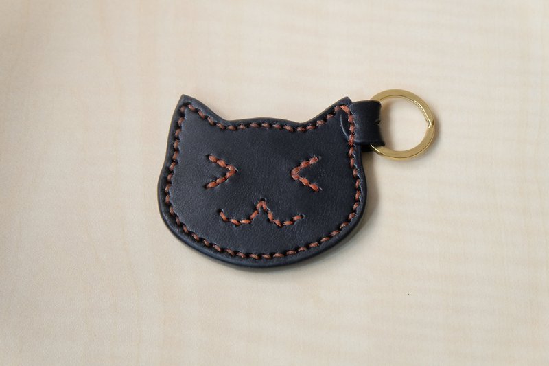 黑色皮革貓咪鑰匙圈 義大利植鞣皮 - 鑰匙圈/鑰匙包 - 真皮 黑色