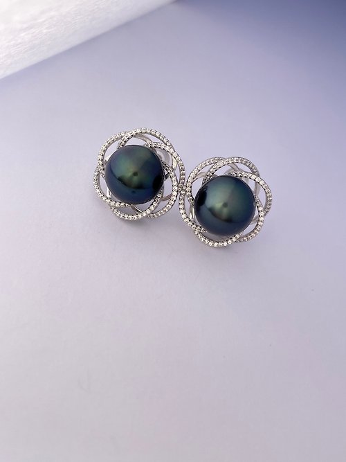 Athena珍珠設計 孔雀綠 天然海水珍珠 大溪地黑珍珠 純銀耳環