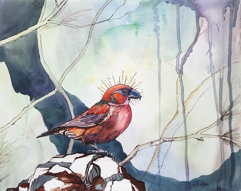 赤いクロスビル鳥。紙に水彩画。動物 - ウォールデコ・壁紙 - 紙 多色