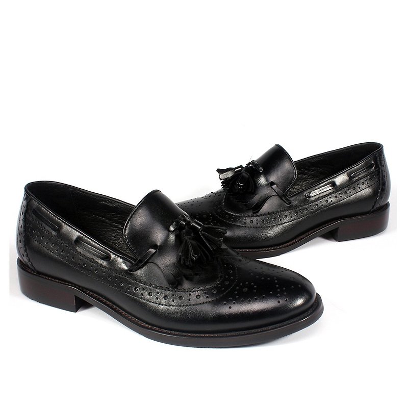 sixlips British wing grain fringed carved Carrefour shoes black (girls / neutral) - รองเท้าอ็อกฟอร์ดผู้หญิง - หนังแท้ สีดำ