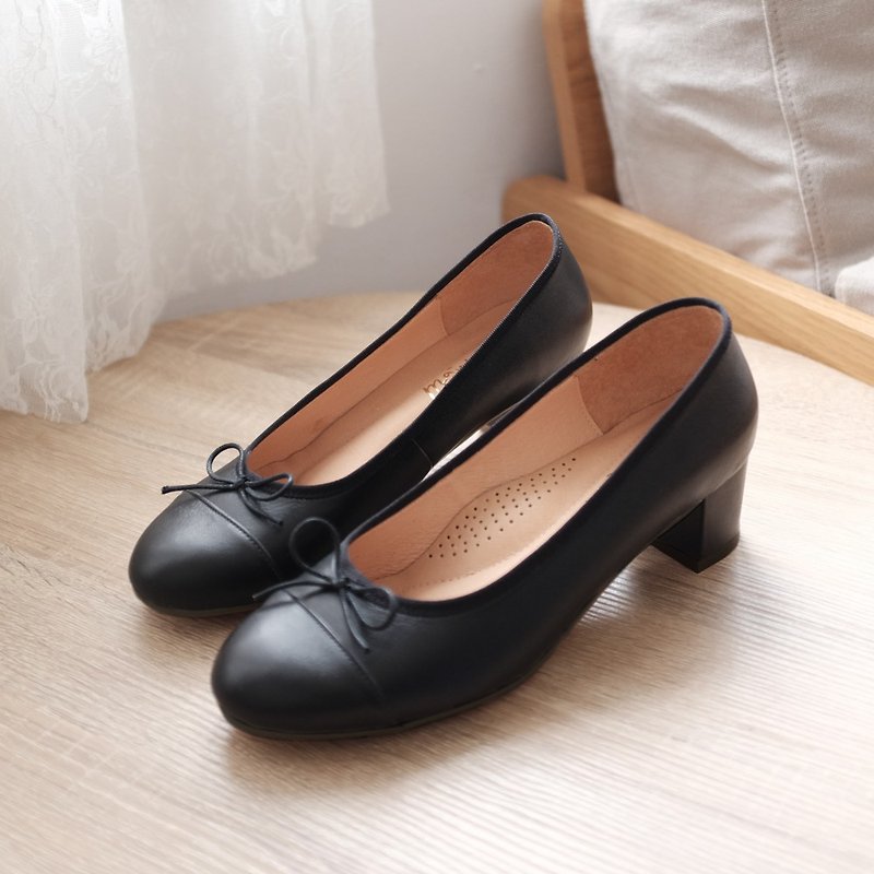 Fluffy Air Cushion! Like a Butterfly Ballet Heel Black Full Leather MIT - Black Shadow - High Heels - Genuine Leather Black