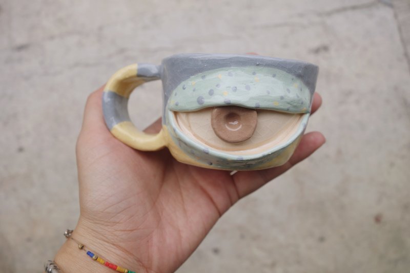 Ceramic blue and yellow mug cup and big eye :) - Pottery & Ceramics - Pottery Multicolor