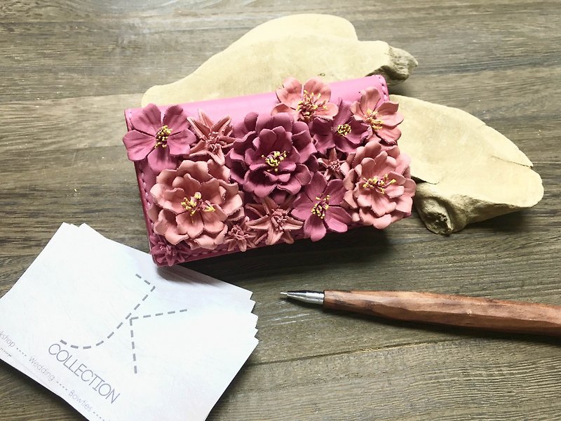 華麗版皮革櫻花咭片盒 - 文件夾/資料夾 - 真皮 粉紅色