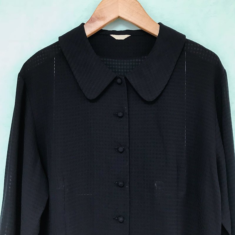 ヴィンテージトップ/ブラック透明なチェック柄長袖シャツ - シャツ・ブラウス - ポリエステル ブラック