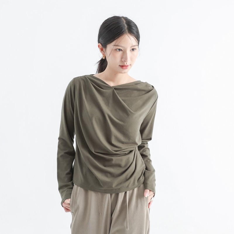 Pingcing_冰清皺褶上衣_24AF004_綠 - 女上衣/長袖上衣 - 聚酯纖維 綠色