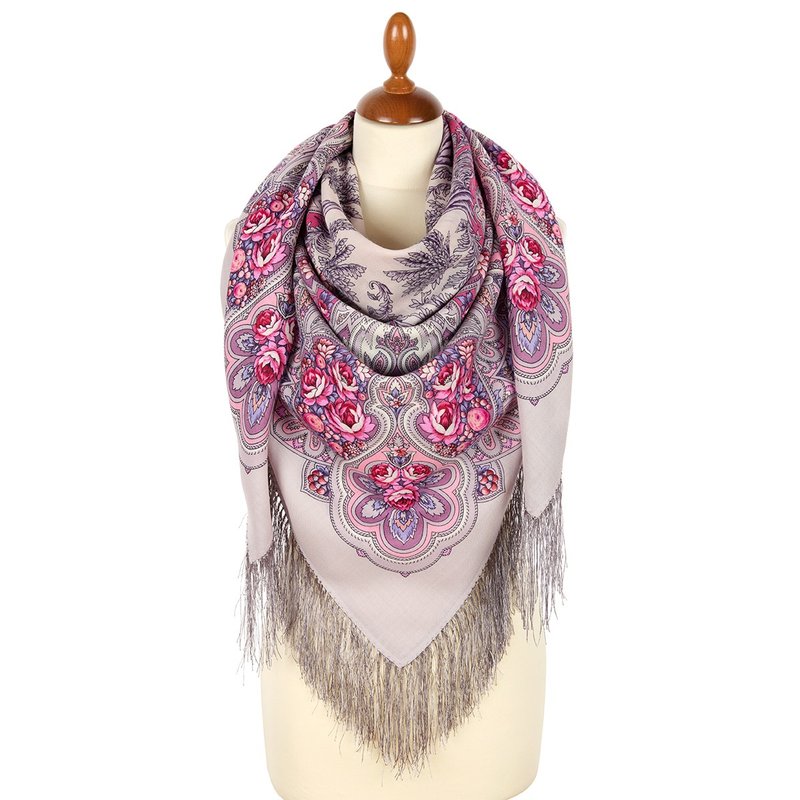 Pavlovo Posad Russian Shawl 100% Wool Scarf 125x125 cm Wrap Silk Fringe 2016-1 - 絲巾 - 羊毛 粉紅色