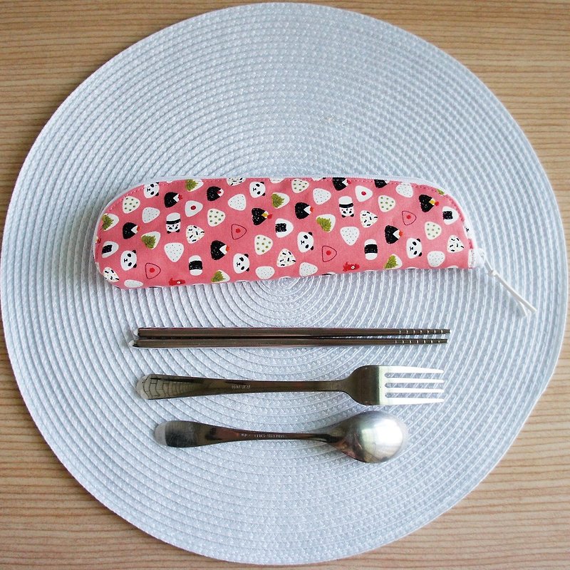 Lovely日本布訂製【熊貓御飯糰餐具袋、筆袋】草莓粉 - 筷子/筷架 - 棉．麻 粉紅色
