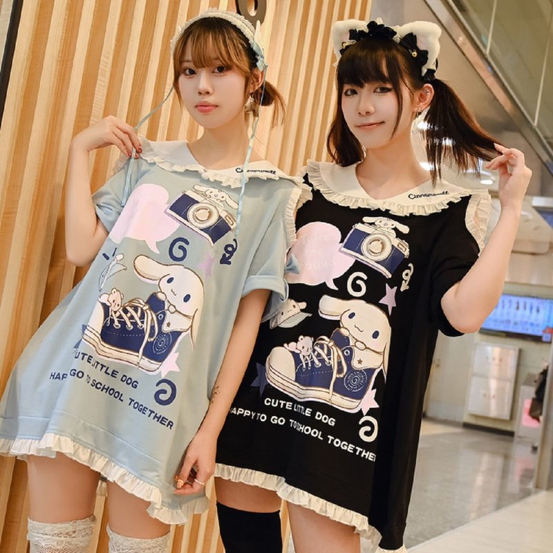 Original Sanrio SANRIO big-eared dog Xina ruffled ears off-shoulder sailor suit short-sleeved T-shirt JJ5070 - Women's T-Shirts - Cotton & Hemp 