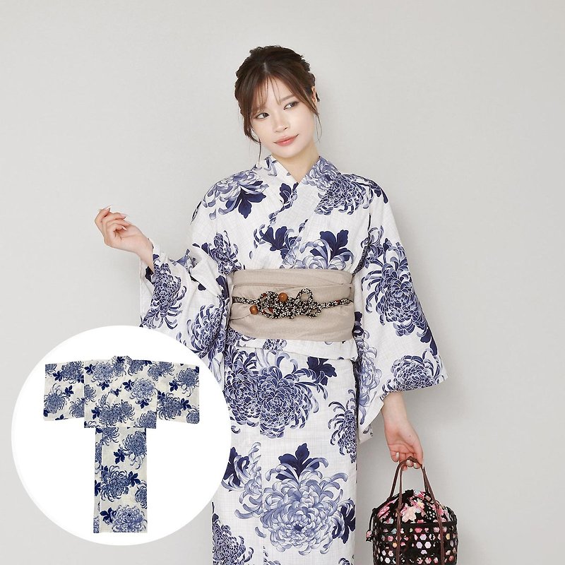 Women's two-piece yukata and obi set, size F x14h-17 - อื่นๆ - ผ้าฝ้าย/ผ้าลินิน สีน้ำเงิน
