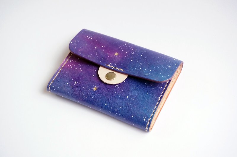 最後一件 - 手染宇宙星空 吃飽飽名片夾 錢包 零錢包 卡夾 票夾 - 銀包 - 真皮 紫色
