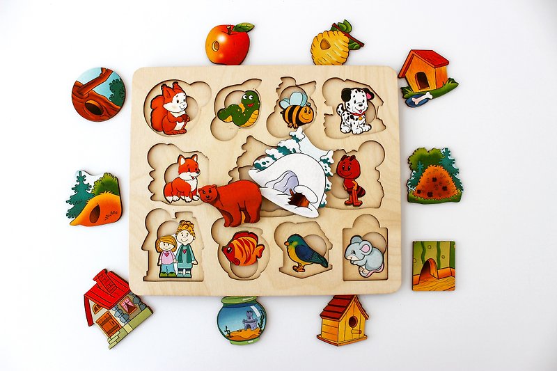 Wooden Puzzle - animals and houses, Montessori toddler toy, jigsaw board - ของเล่นเด็ก - ไม้ สีทอง