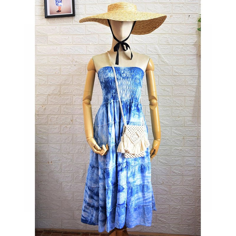 Strapless Dress + Skirt Cotton 100%  Natural Dyed (HOMRAK) - 洋裝/連身裙 - 棉．麻 藍色