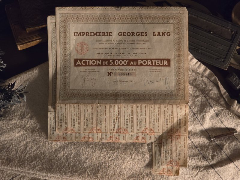 Paris, France, 1959 | Georges Lang Printing Company Stock Certificate | Chaoyang Selection - โปสเตอร์ - กระดาษ 