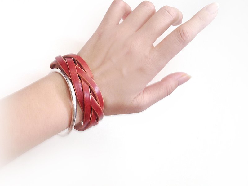 POPO│ braided leather bracelet │ ‧ reddish brown │leather - สร้อยข้อมือ - หนังแท้ สีนำ้ตาล
