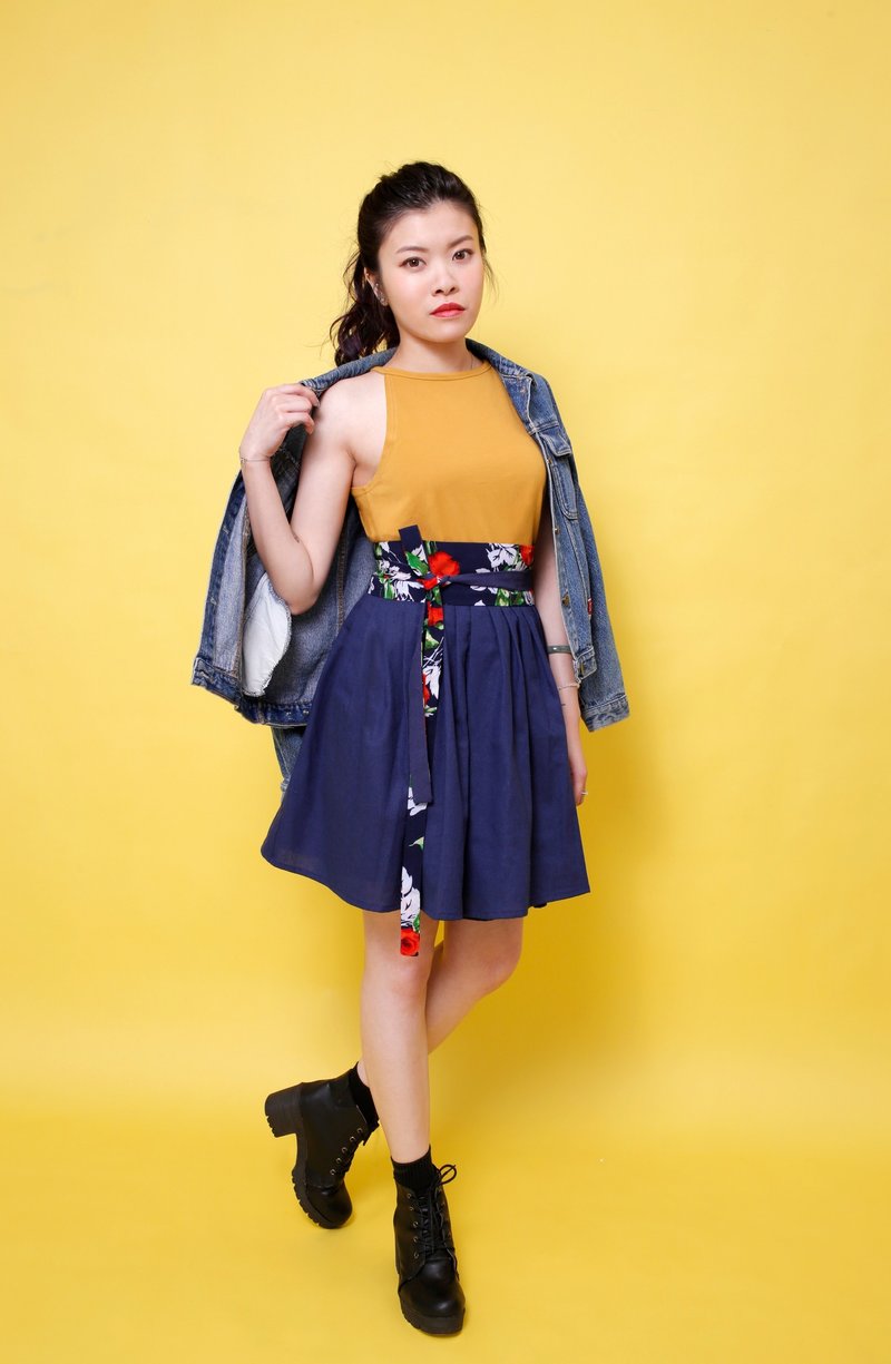 Handmade by Cherry 日常韓服 - 限量版 深藍色熱帶花韓服裙 高腰裙 - 裙子/長裙 - 棉．麻 藍色
