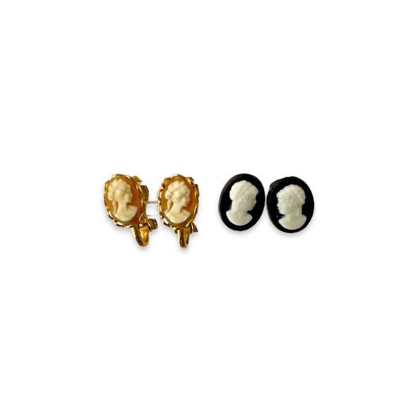 Vintage Cameo Earrings Lady girl 2 pairs Clip-on pierced dainty miniature signed - Earrings & Clip-ons - Other Materials Multicolor