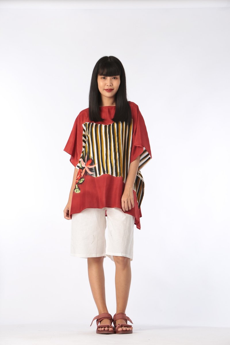Poncho Blouse Cotton Silk Hand Painted for Summer resort vacation - 女上衣/長袖上衣 - 棉．麻 紅色