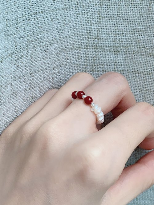 ice of Jadeite 天然巴洛克珍珠配石榴石銀珠戒指