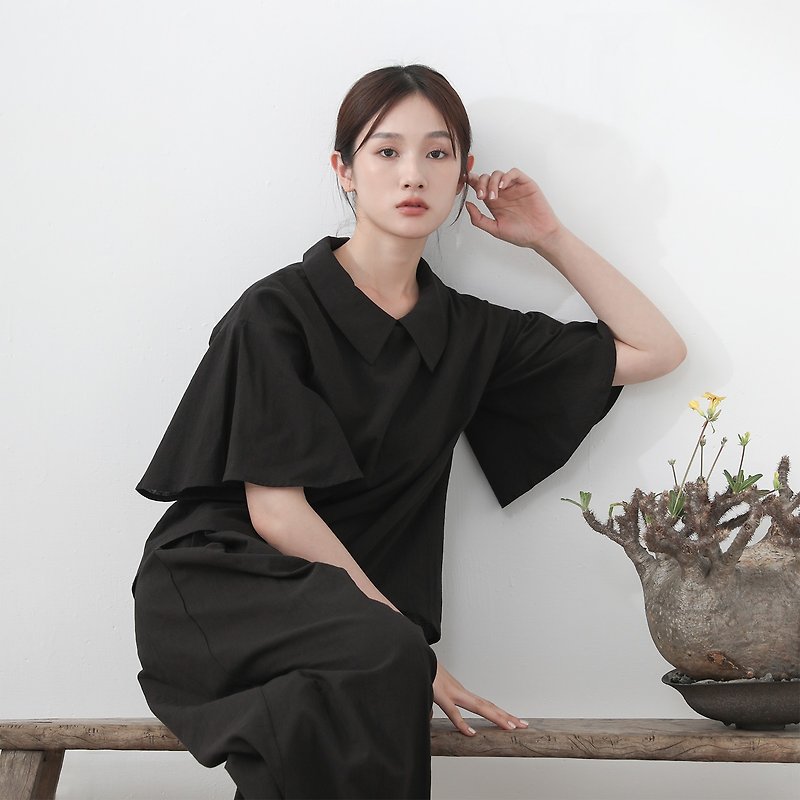 [Classic Original] Secret_Secret Linen and Linen Shirt_CLT005_Black - เสื้อเชิ้ตผู้หญิง - ผ้าฝ้าย/ผ้าลินิน สีดำ