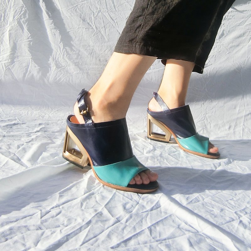 Metal high heel leather fish mouth sandals | | Marseille's Blue Coast Indigo || 8228 - รองเท้าหนังผู้หญิง - หนังแท้ สีน้ำเงิน