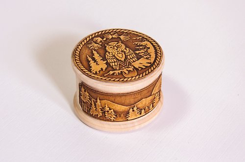 Baikal Birch Bark Wooden jewelry box with owl print / Birch bark solid wood box