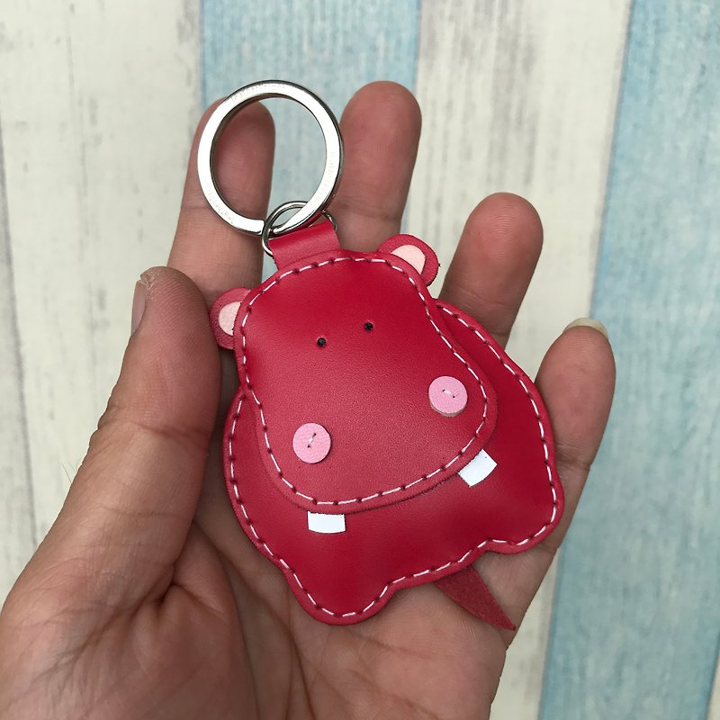 Healing small things red cute hippo hand-stitched leather key ring small size - Keychains - Genuine Leather Red