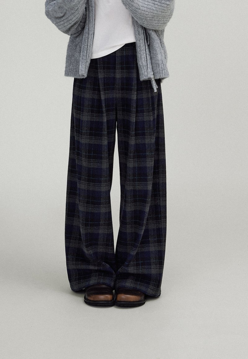 北歐nordic長期主義 羊毛混紡格子高腰闊腿褲 - 女裝闊腳褲/長褲 - 其他材質 藍色