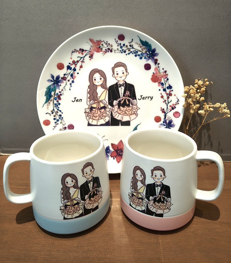 Customized sweet painted cup and plate set (two cups on one plate) with plate holder and portrait painting ceramic tableware - ภาพวาดบุคคล - เครื่องลายคราม หลากหลายสี