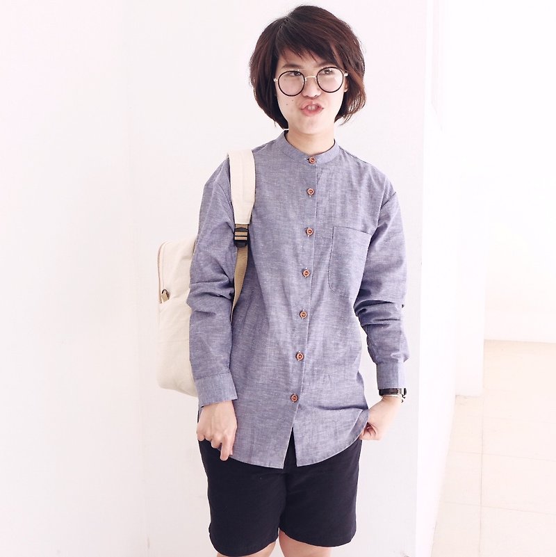 Linen Longsleeves-Mandarin Collar Shirt ( Pin Shirt ) : Indigo Color - เสื้อผู้หญิง - ผ้าฝ้าย/ผ้าลินิน สีน้ำเงิน