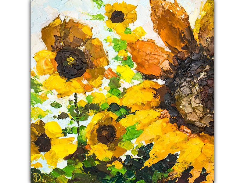 Sunflower Painting Impressionist Original Art Small Artwork Impasto Flower - โปสเตอร์ - วัสดุอื่นๆ สีเหลือง
