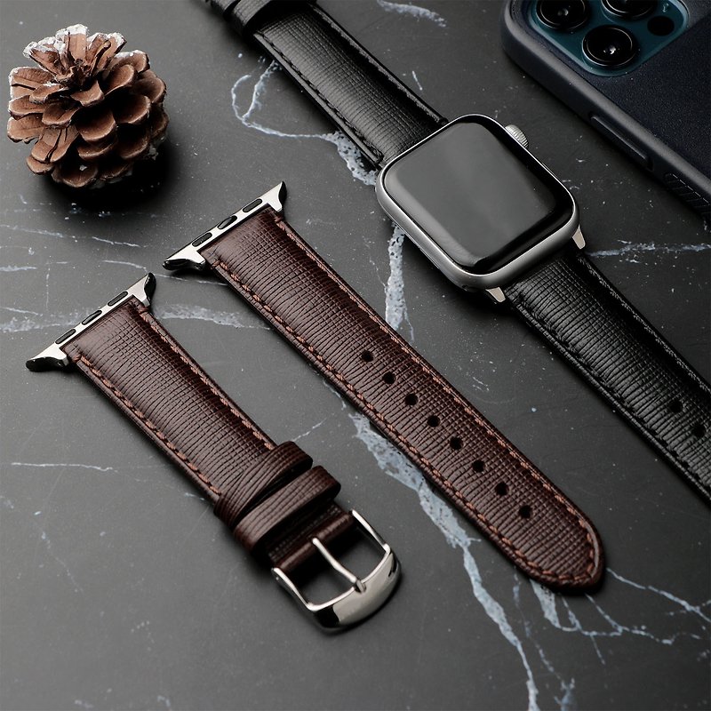 【APPLE WATCH compatible】Brown Italian Saffiano leather strap - Watchbands - Genuine Leather Brown