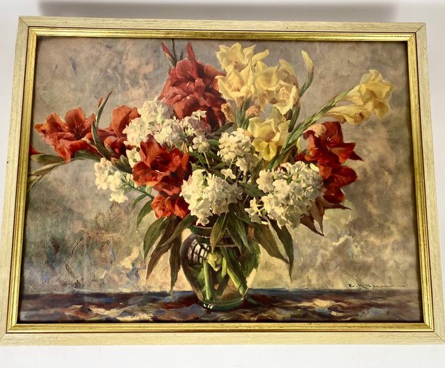 絵画 油絵　グラジョウラス ビンテージフレーム水彩画グラジオラスとフロックス、ドイツの