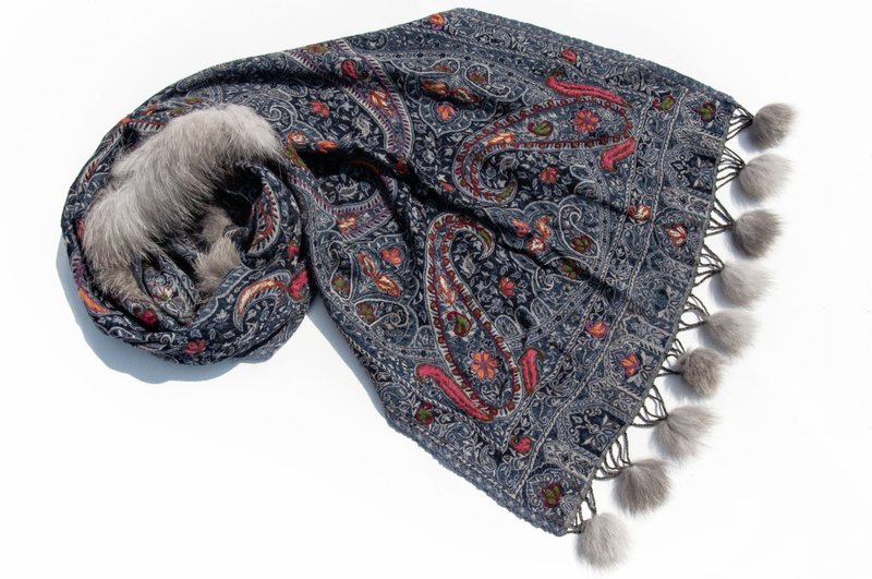 喀什米爾Cashmere/水煮羊毛披肩/針織圍巾/刺繡圍巾/羊絨披巾-花 - 圍巾/披肩 - 羊毛 多色
