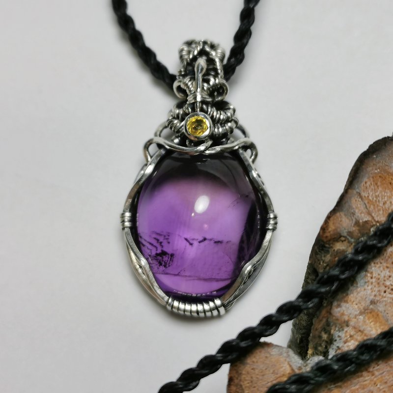 Amethyst-Sterling Silver Braided Design Pendant/Inlaid with Yellow Corundum/With Waterproof Wax Thread Necklace - Necklaces - Crystal Purple