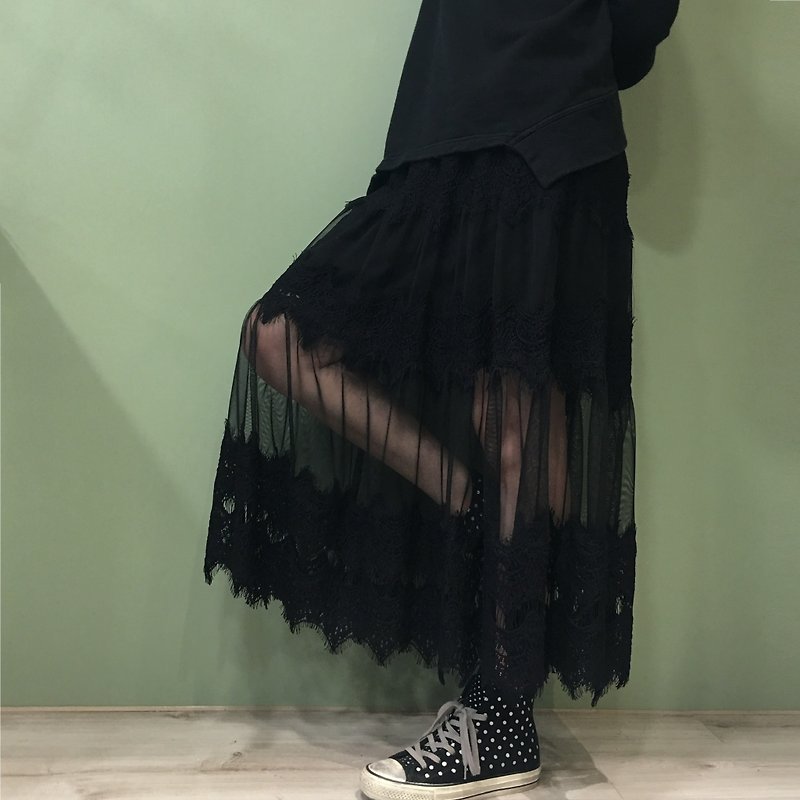 【skirt】個性蕾絲網紗長裙_黑 - 裙子/長裙 - 聚酯纖維 黑色