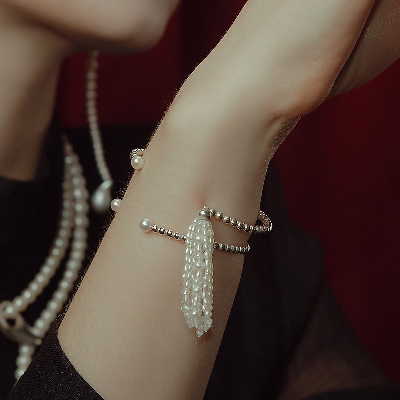 Pearl Moonstone Tassel Bangle Sylph Lunar Bangle Gift for Girls - Bracelets - Sterling Silver Silver