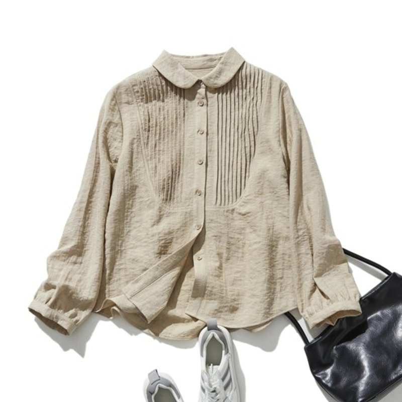 Cute and mature round-collar shirt blouse with pin tucks, long sleeves, linen blend blouse, beige 241007-1 - Women's Tops - Cotton & Hemp 