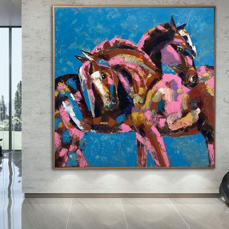Horse Paintings Animal Wall Art Love Painting Romantic Canvas Art Gift - 壁貼/牆壁裝飾 - 壓克力 多色