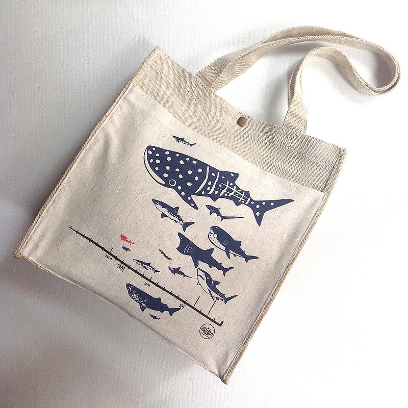 Design No.SH2210 - 【Shark Diagram】Handmade Shopping Bags - กระเป๋าถือ - ผ้าฝ้าย/ผ้าลินิน สีกากี