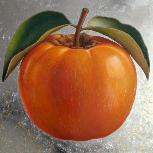 韓国製？ 大きいサイズの枝付き柿の絵画 幅約95cm 水彩画 b4f2a42a1868f6138efed58f767313