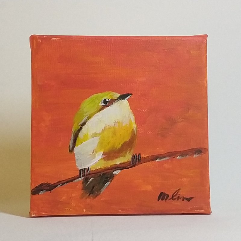 カラフルな鳥/オリジナルの手描きの油絵/ユニーク/フチなしの小さな油絵 - ウォールデコ・壁紙 - コットン・麻 ホワイト