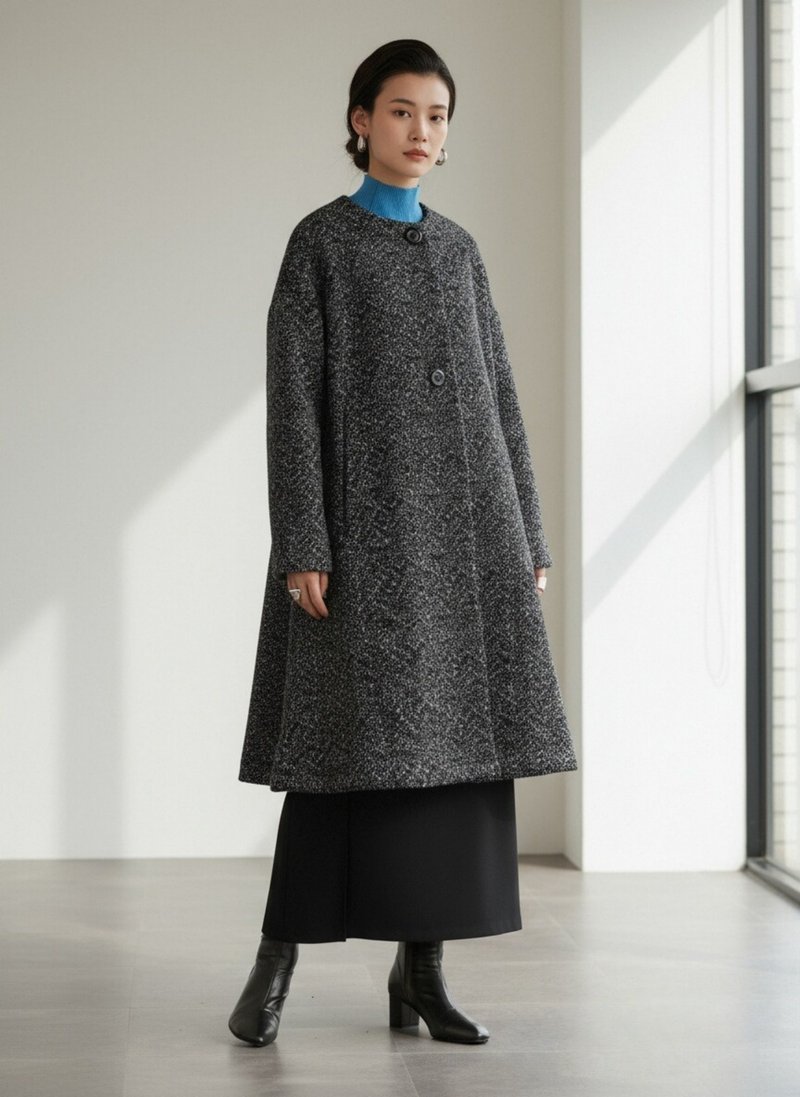 經典人字紋 A 字線條圓領刷毛大衣 - 女西裝外套 - 聚酯纖維 黑色